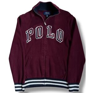 Polo Ralph Lauren Boys Burgundy Quarter Zip Sweater Logo Striped Knit L 14-16